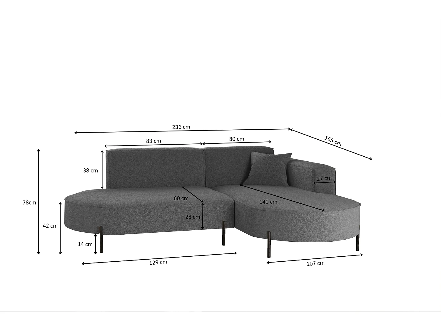 Canapé d'angle, canapé en L, designer Modena, tissu pur, source graphite, droite