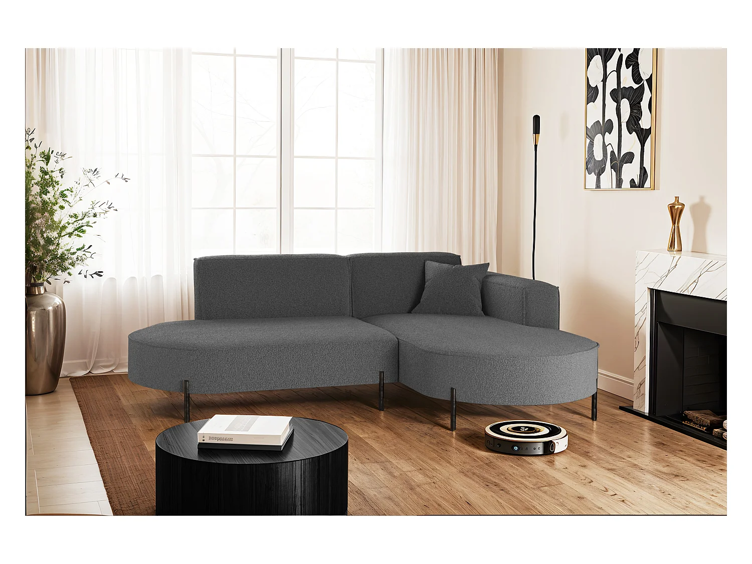 Canapé d'angle, canapé en L, designer Modena, tissu pur, source graphite, droite