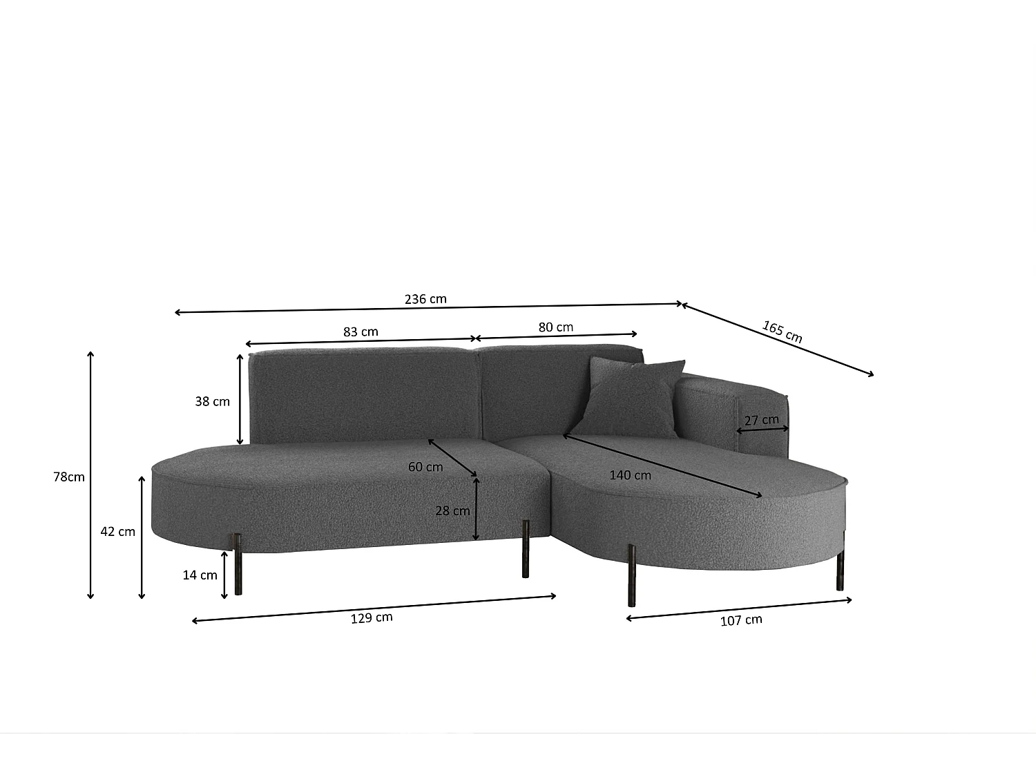 Canapé d'angle, canapé en L, designer Modena, tissu pur, source graphite, droite