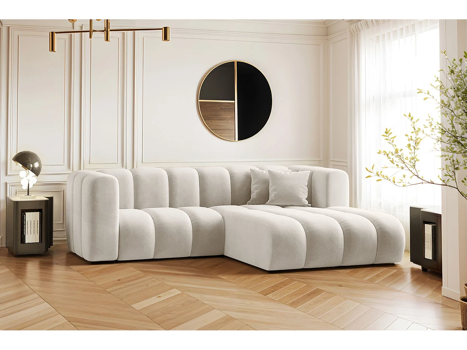 Canapé d'angle en L, Sofa Grand modulable tissu Salvador Gris Clair Droit