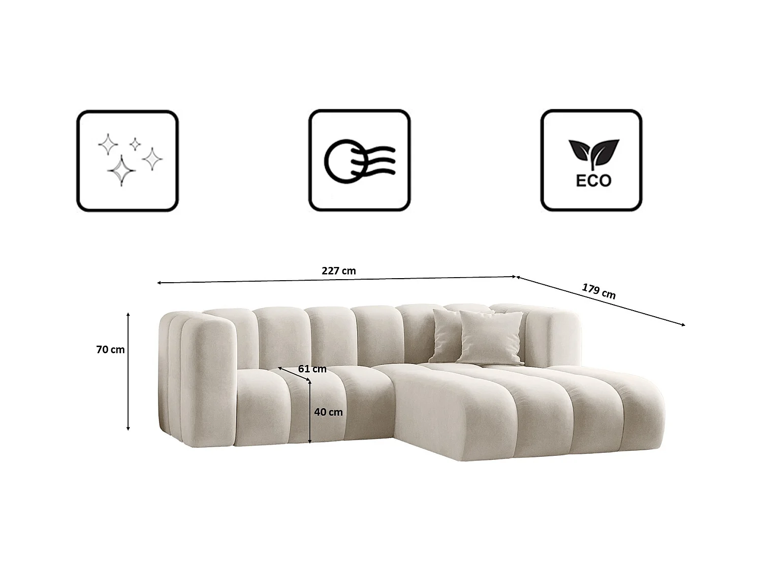 Canapé d'angle en L, Sofa Grand modulable tissu Salvador Gris Clair Droit