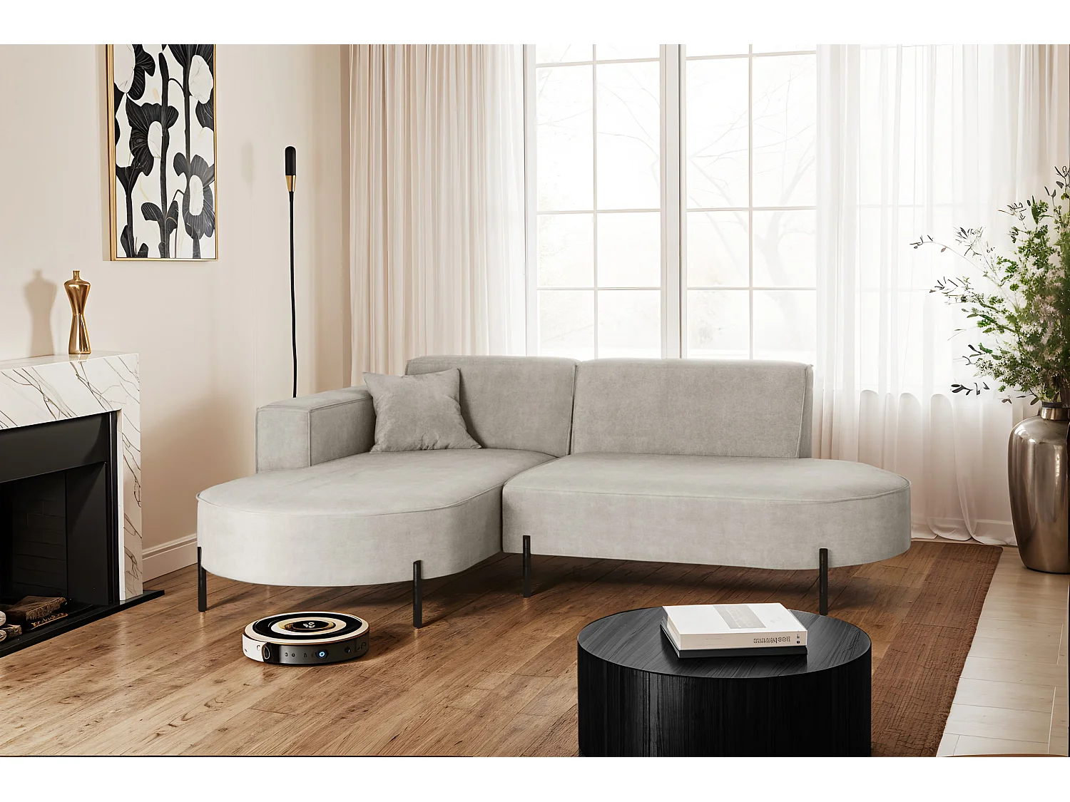 Canapé d'angle, canapé en L, designer Modena, tissu pur Noel, gris clair, gauche