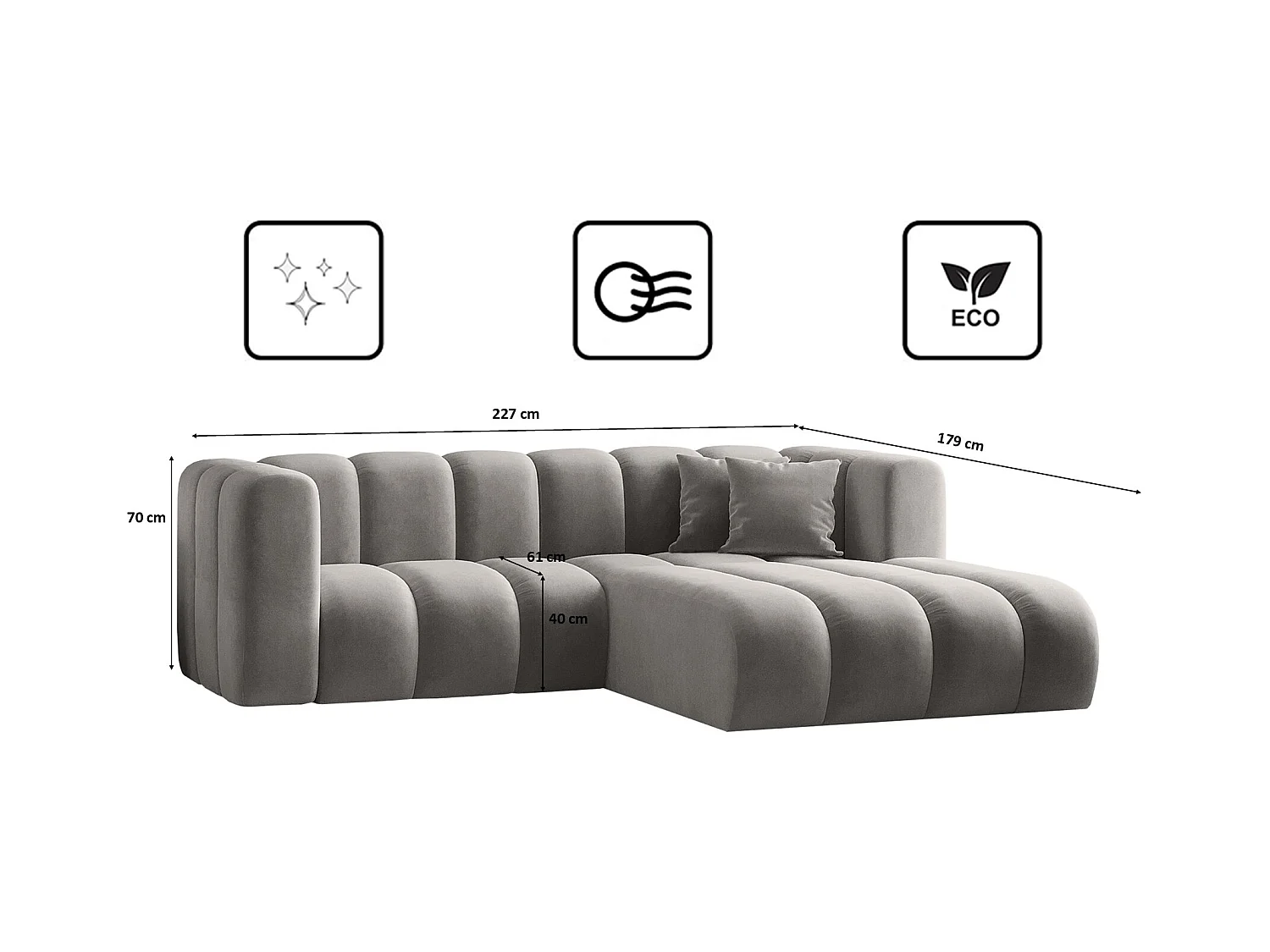 Canapé d'angle en L, Sofa Grand modulable tissu Salvador Gris Droit