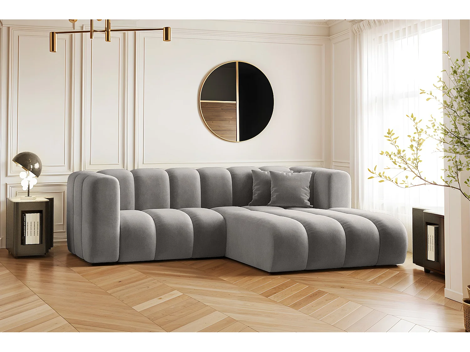 Canapé d'angle en L, Sofa Grand modulable tissu Salvador Gris Droit