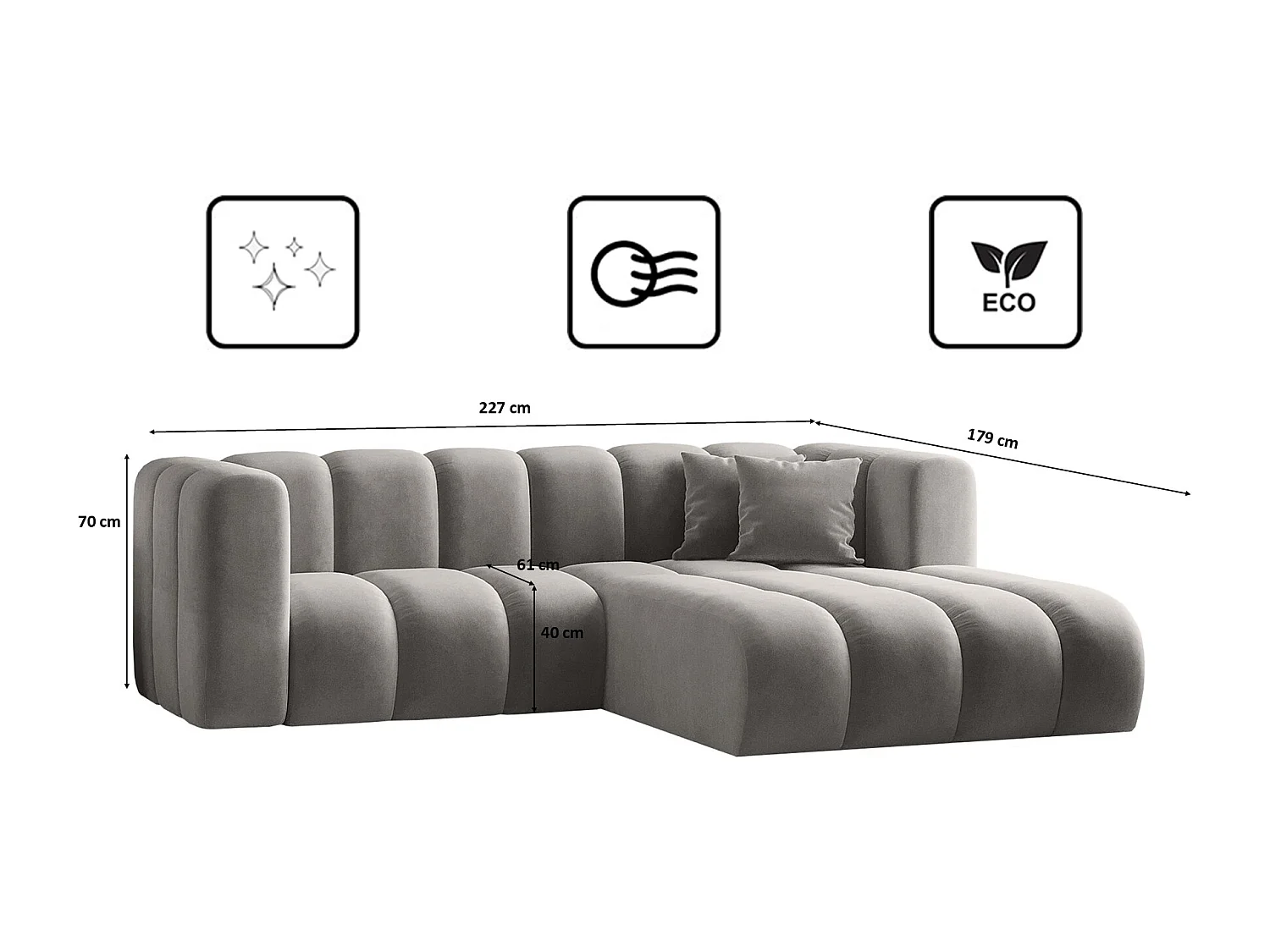 Canapé d'angle en L, Sofa Grand modulable tissu Salvador Gris Droit