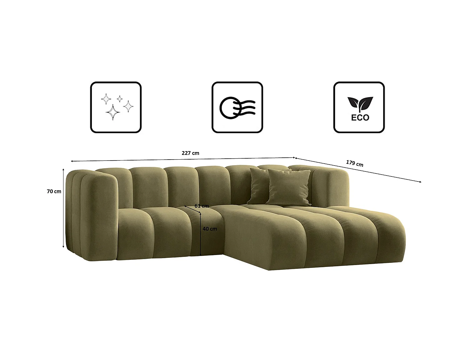Canapé d'angle en L, Sofa Grand modulable en tissu Salvador Olive Droite