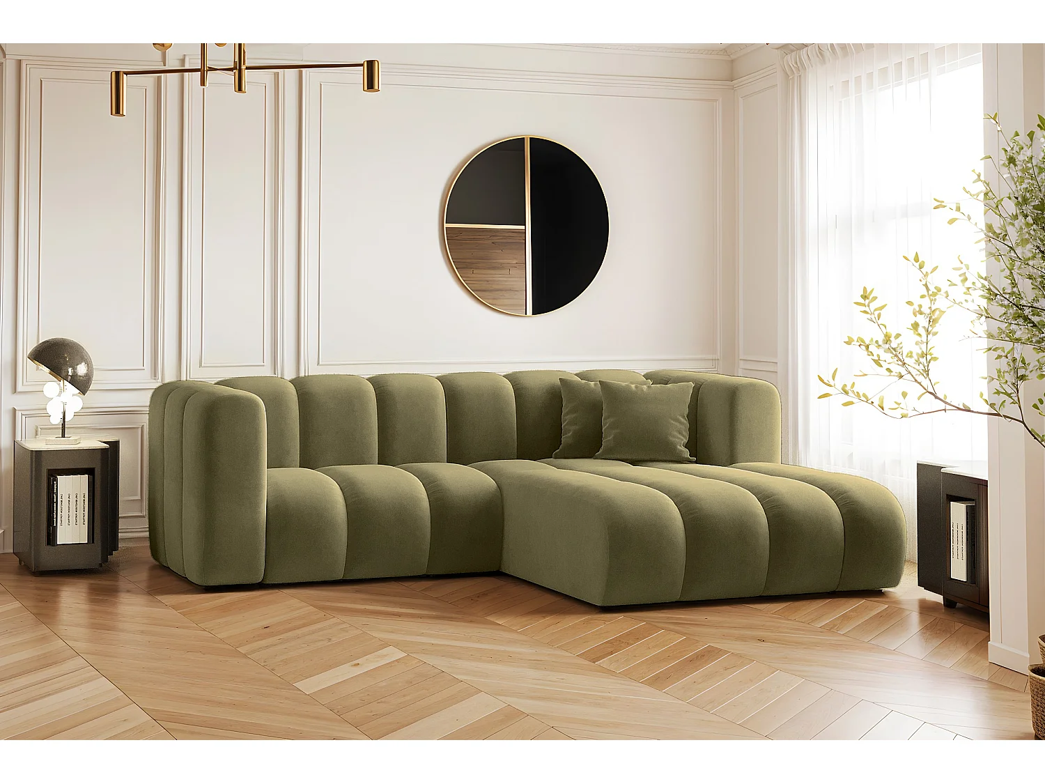 Canapé d'angle en L, Sofa Grand modulable en tissu Salvador Olive Droite