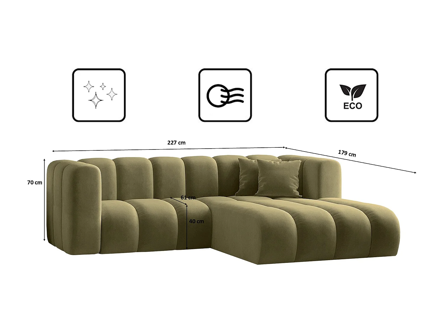 Canapé d'angle en L, Sofa Grand modulable en tissu Salvador Olive Droite