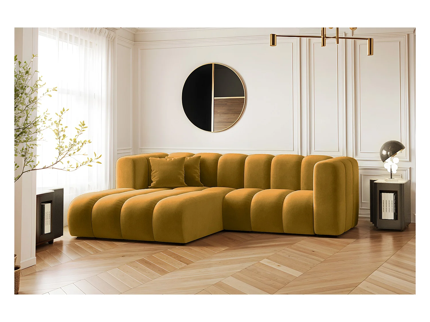 Canapé d'angle en L, Sofa Grand modulable en tissu Salvador Jaune Gauche