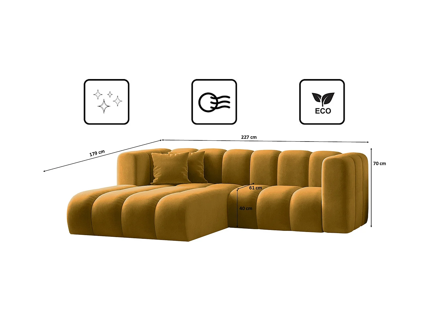 Canapé d'angle en L, Sofa Grand modulable en tissu Salvador Jaune Gauche