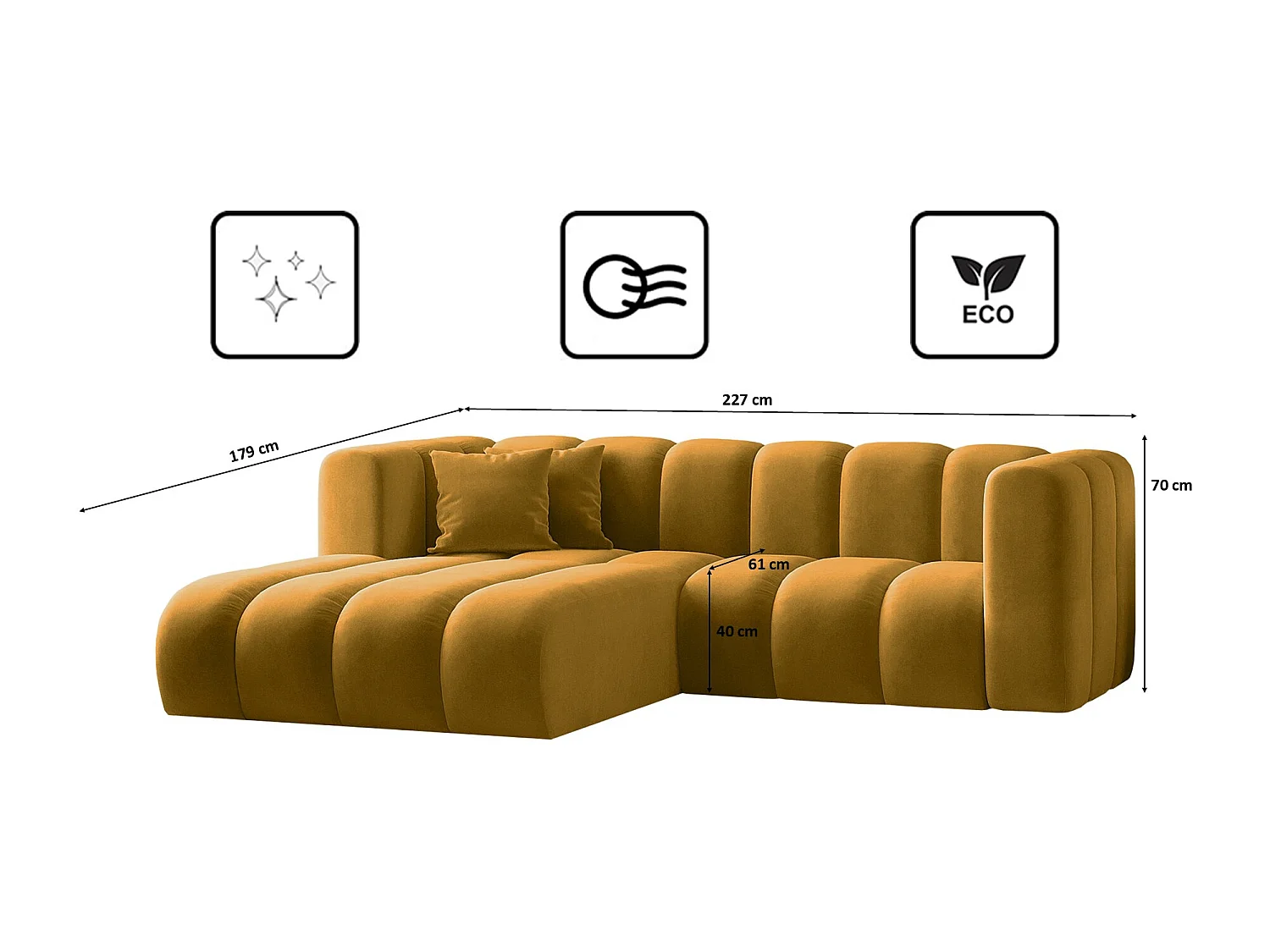 Canapé d'angle en L, Sofa Grand modulable en tissu Salvador Jaune Gauche