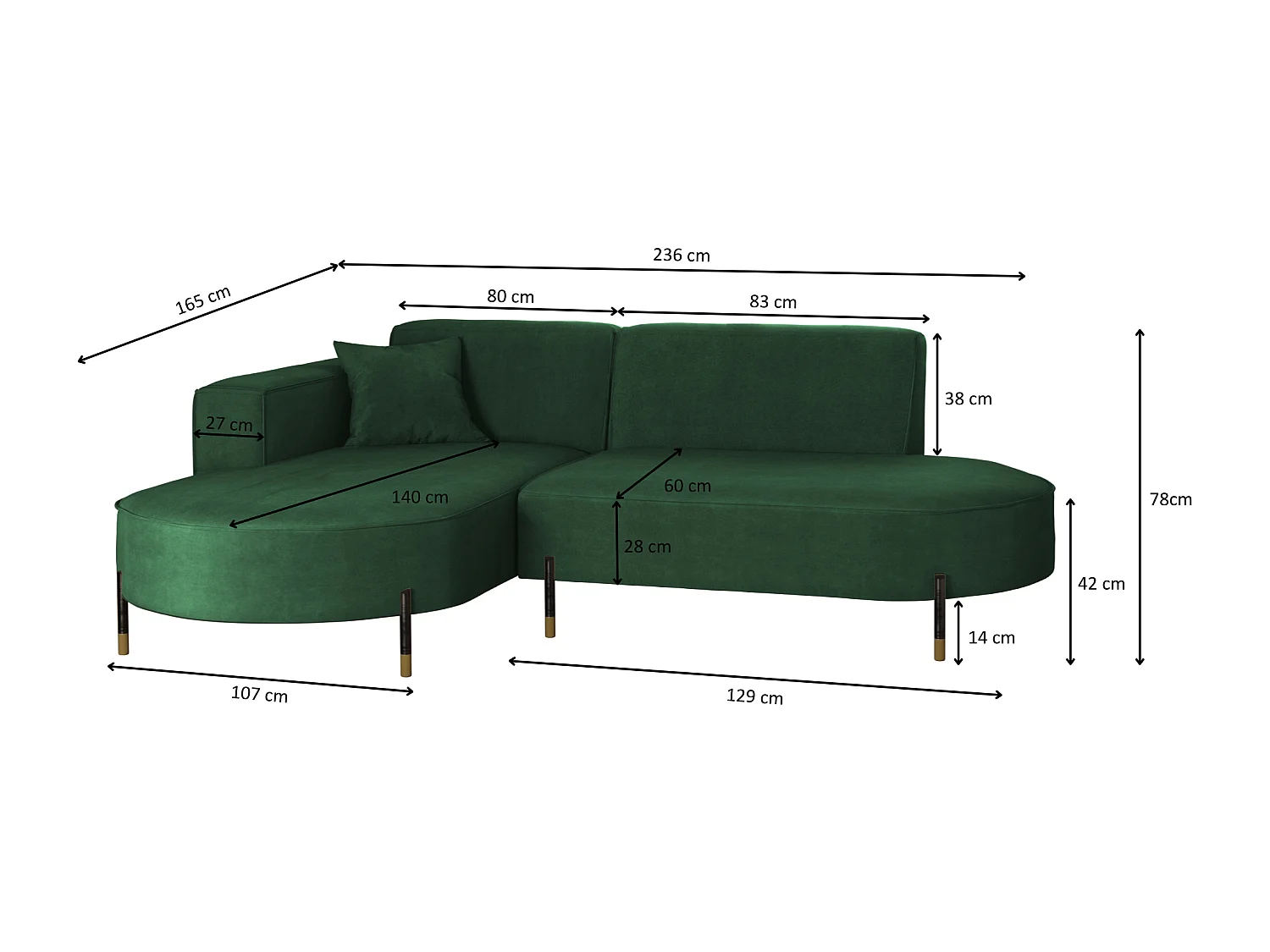 Canapé d'angle, canapé en L, designer Modena, tissu pur Noel Green, gauche