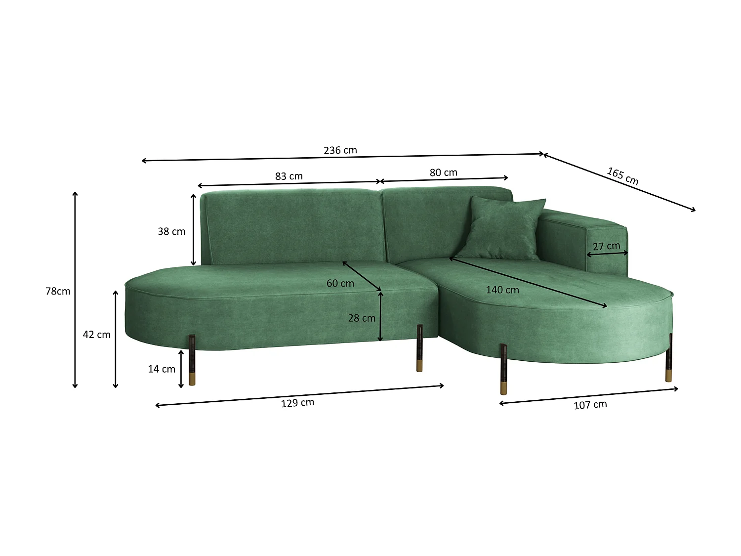 Canapé d'angle, Canapé L-Form Designer Modena Pure tissu Noel Pistache Droit
