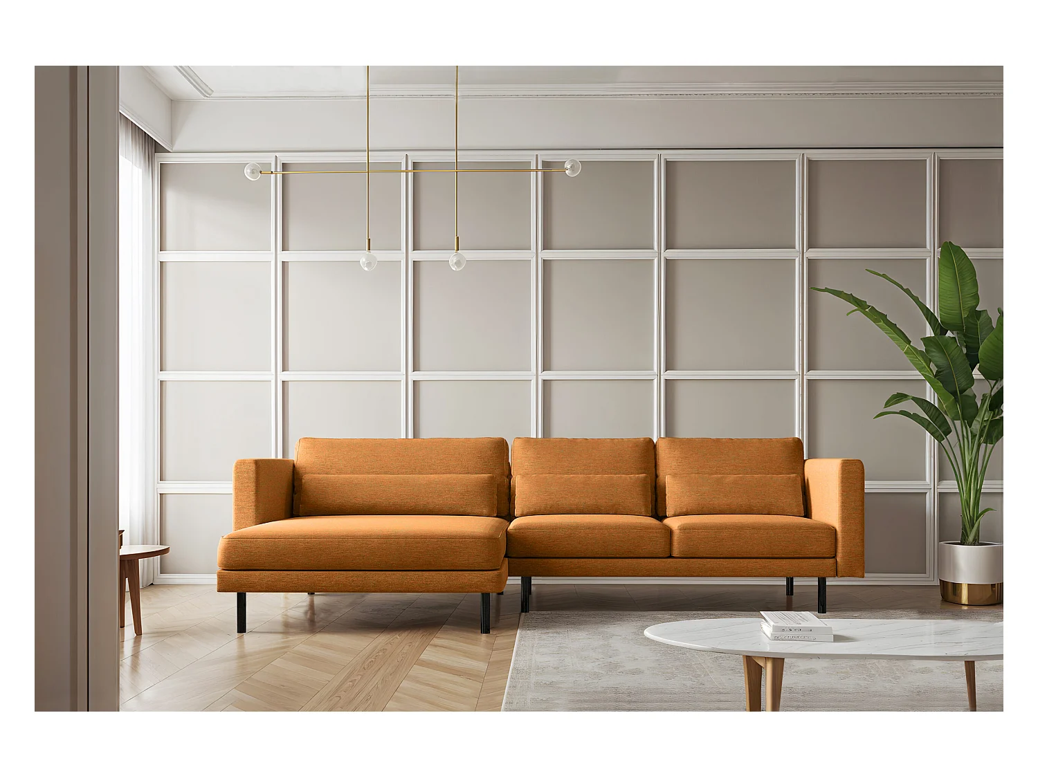 Canapé d'angle L-form Dani moderne et spacieux tissu Verita cuivre gauche