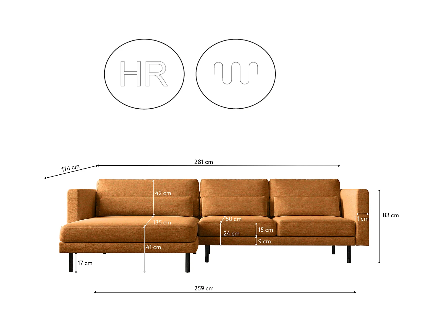 Canapé d'angle L-form Dani moderne et spacieux tissu Verita cuivre gauche