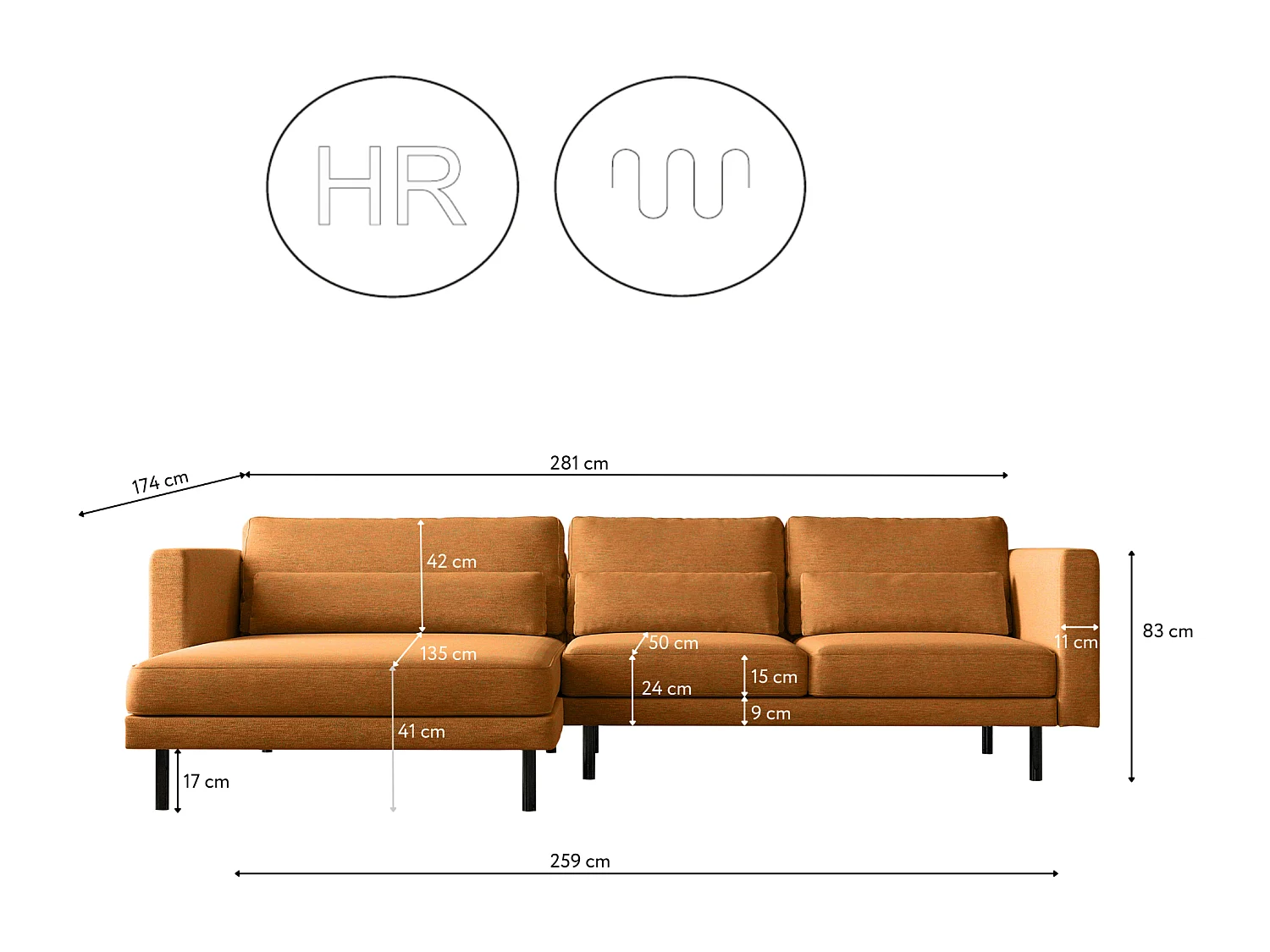 Canapé d'angle L-form Dani moderne et spacieux tissu Verita cuivre gauche