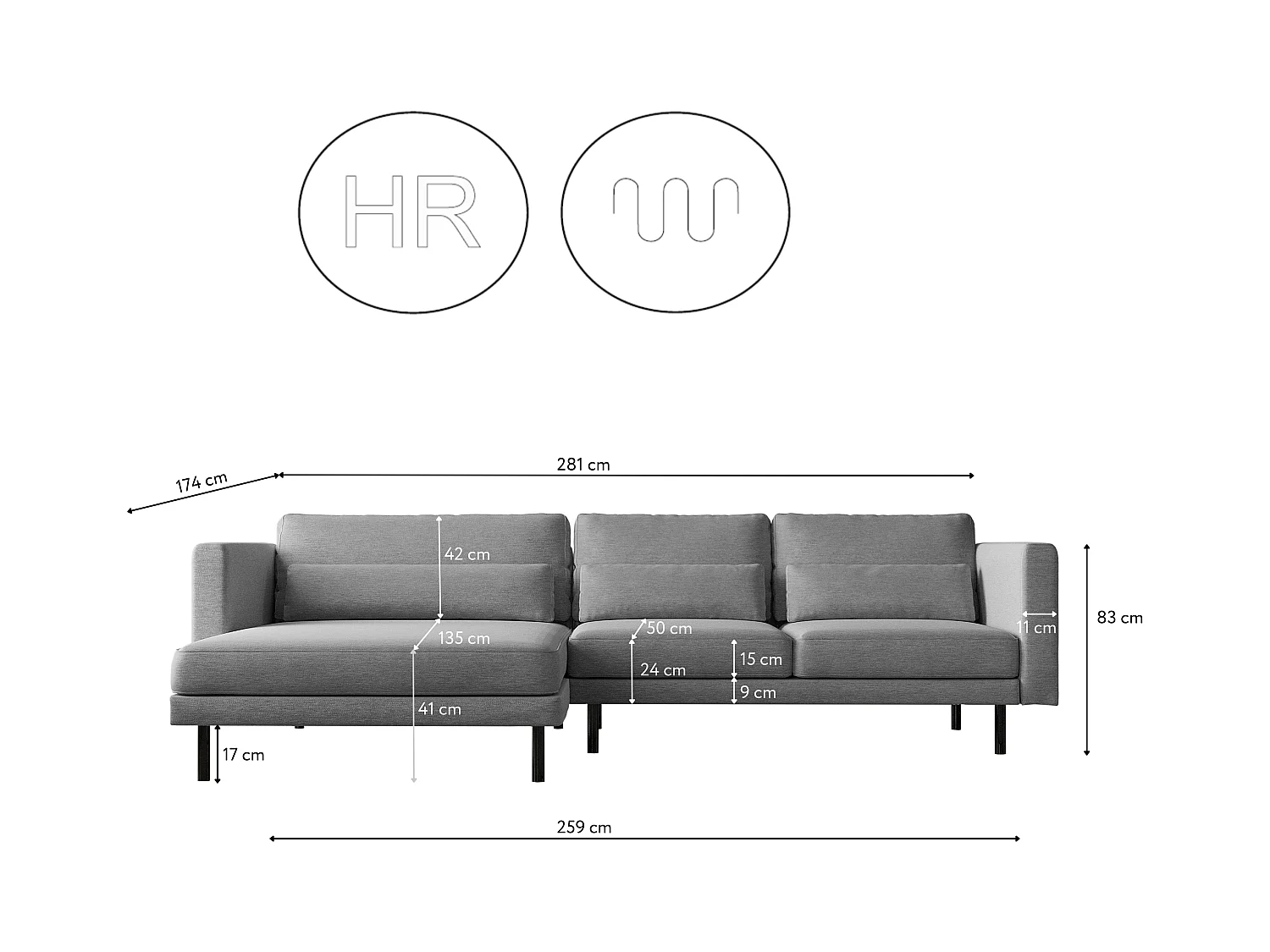 Canapé d'angle L-form Dani moderne et spacieux tissu Verita Steel Gauche