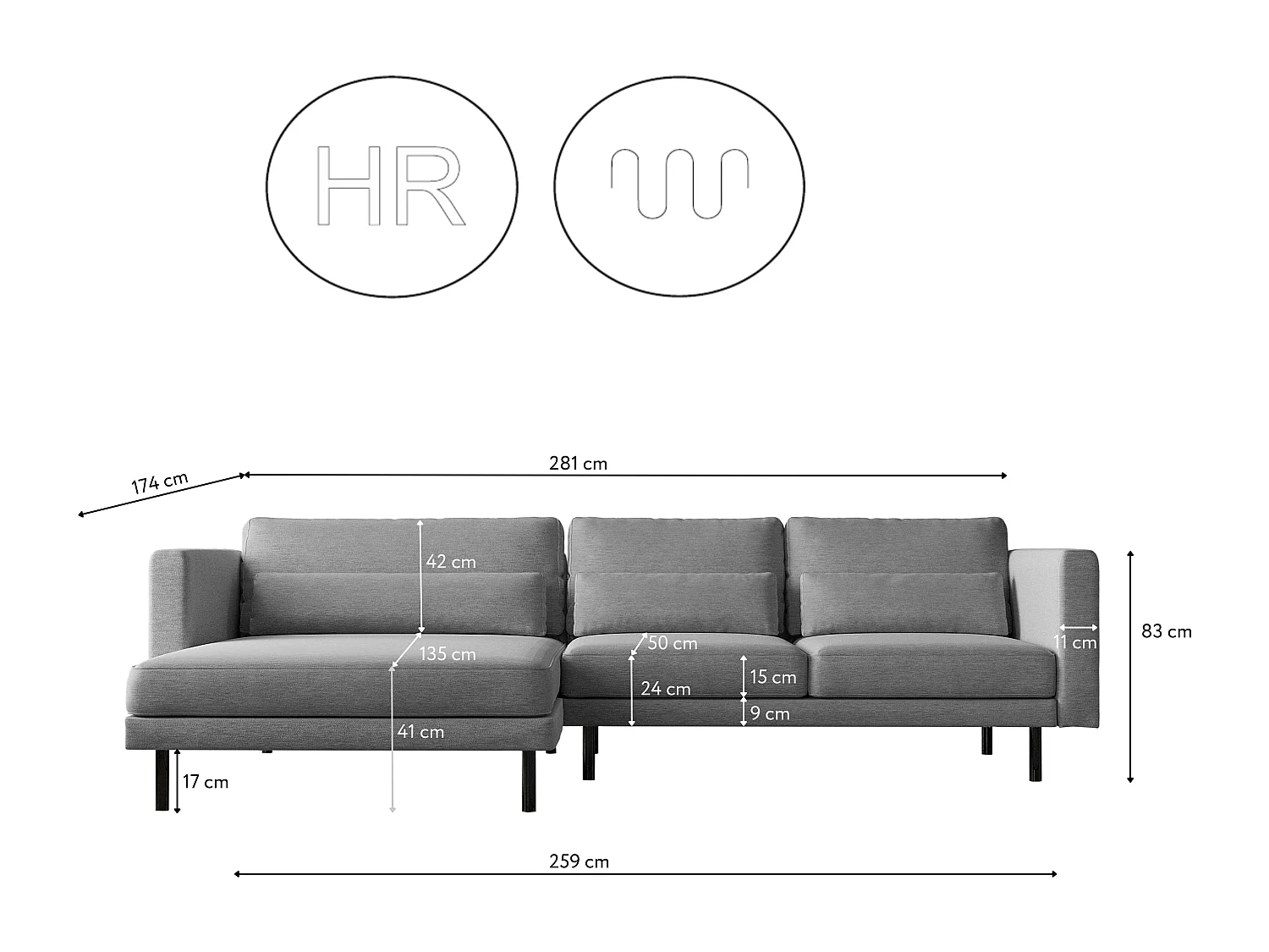 Canapé d'angle L-form Dani moderne et spacieux tissu Verita Steel Gauche