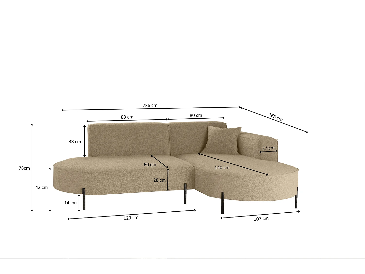 Canapé d'angle, canapé en L design Modena tissu pur source marron clair droite