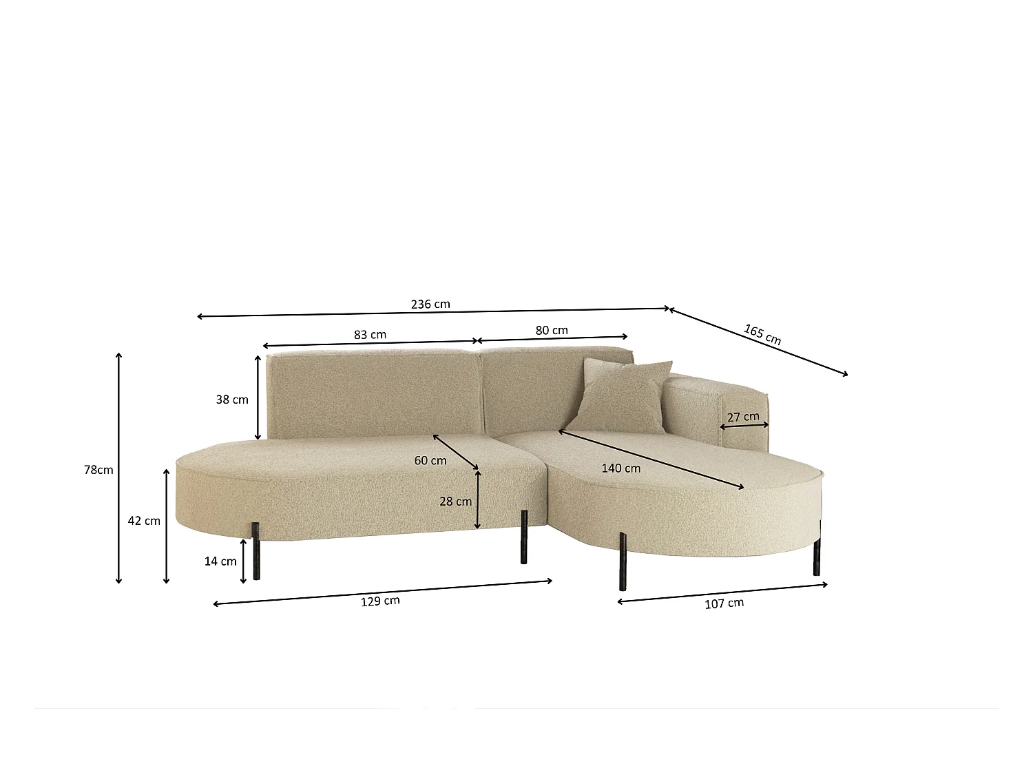 Canapé d'angle, canapé en L design Modena tissu pur source beige droite