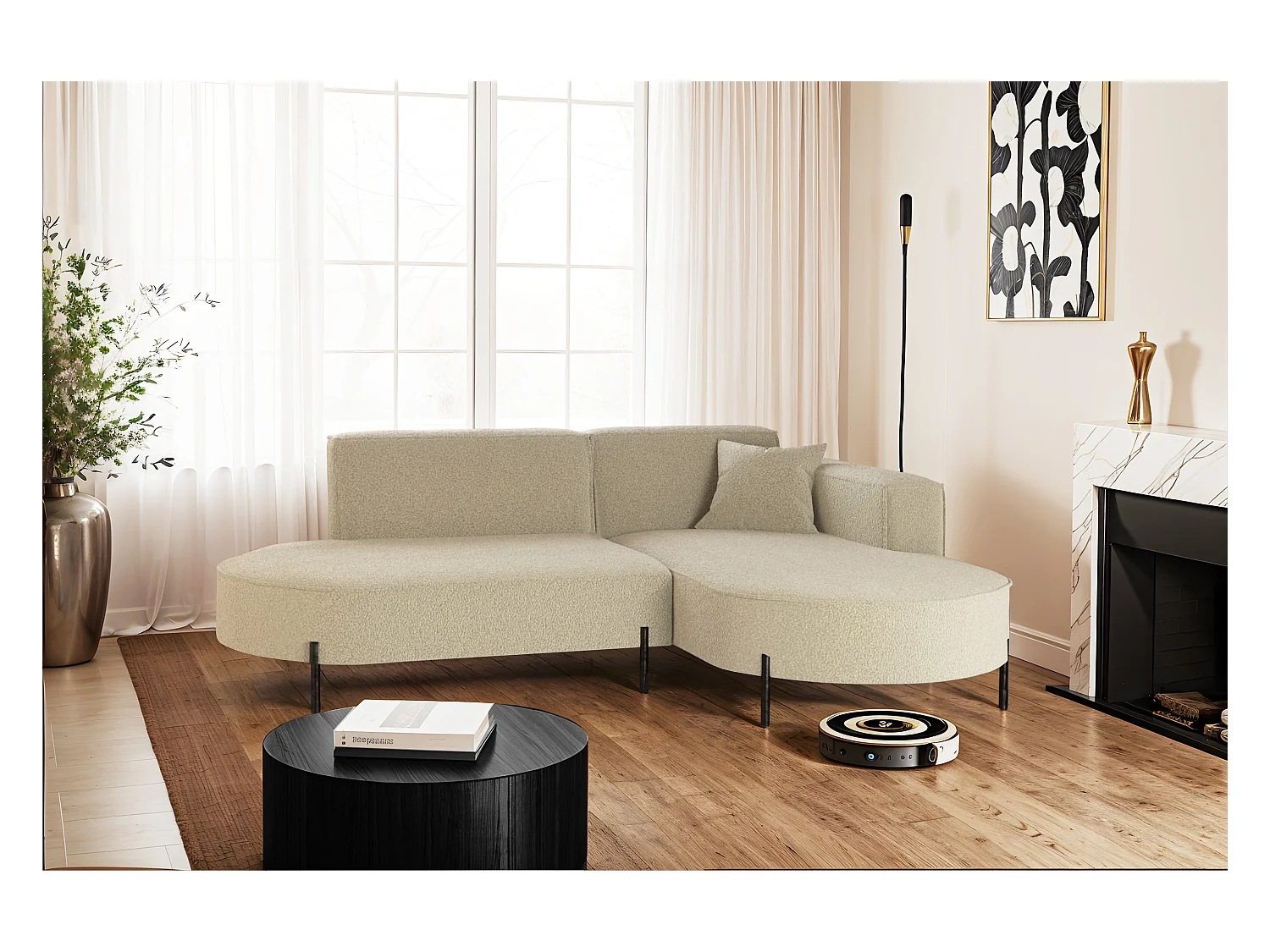 Canapé d'angle, canapé en L design Modena tissu pur source beige droite