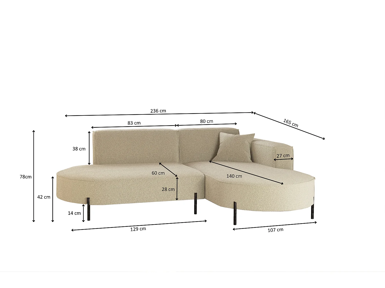 Canapé d'angle, canapé en L design Modena tissu pur source beige droite