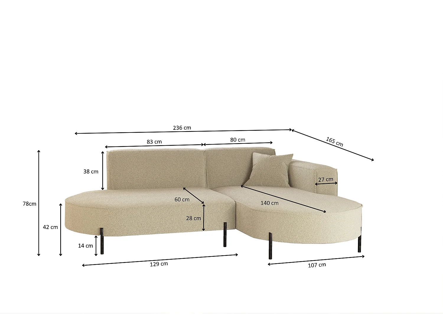 Ecksofa, Sofa L-Form Designer Modena Rein stoff Quelle Beige Rechts