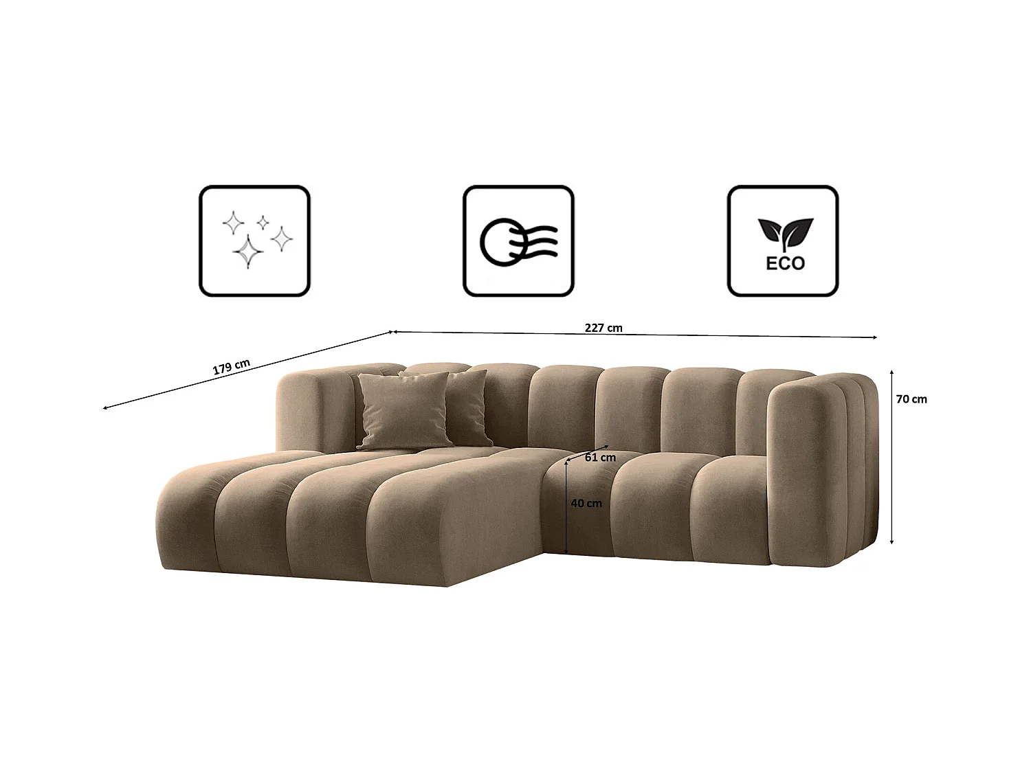 Canapé d'angle en L, Sofa Grand modulable en tissu Salvador Beige Foncé Gauche