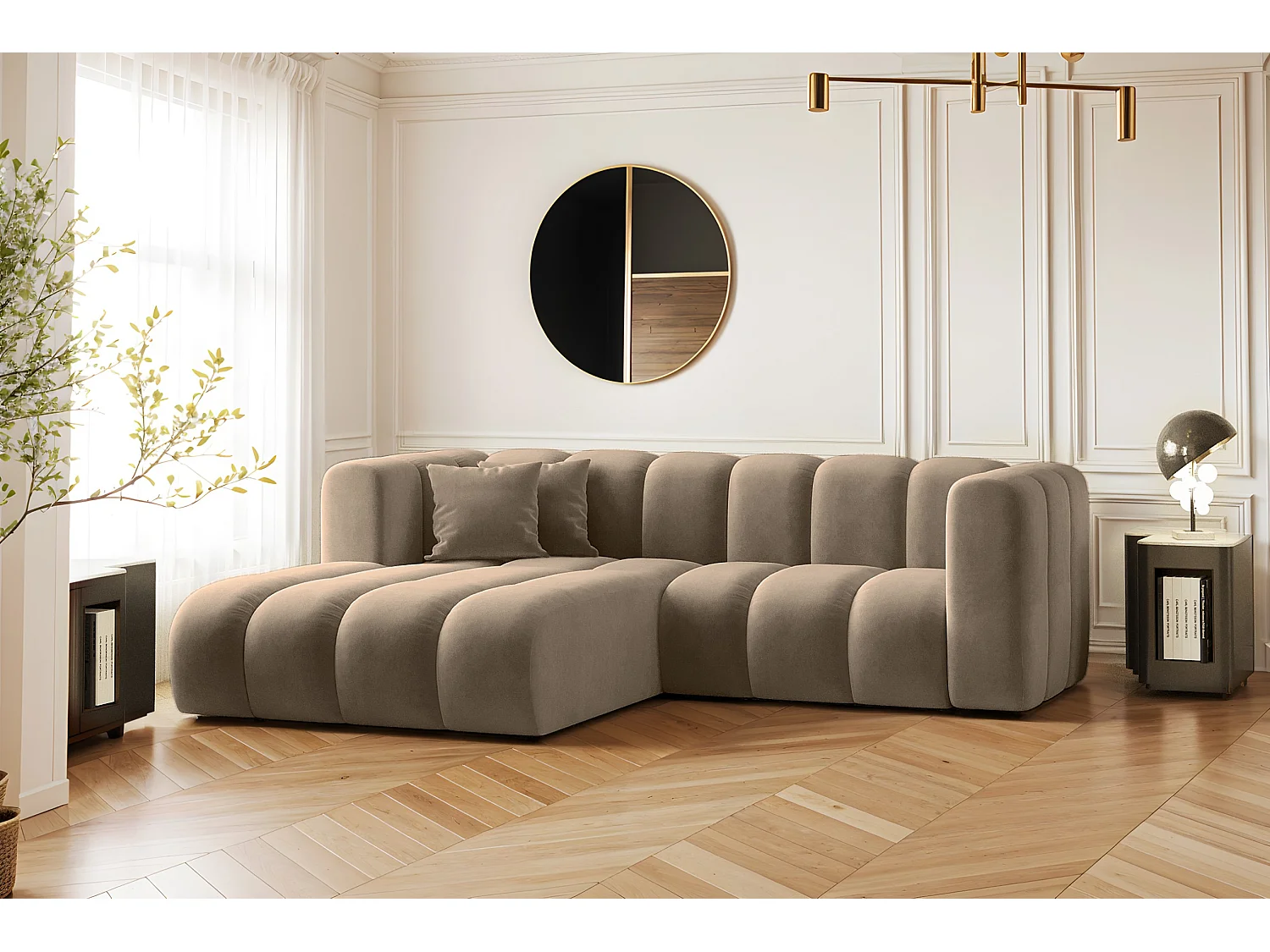 Canapé d'angle en L, Sofa Grand modulable en tissu Salvador Beige Foncé Gauche