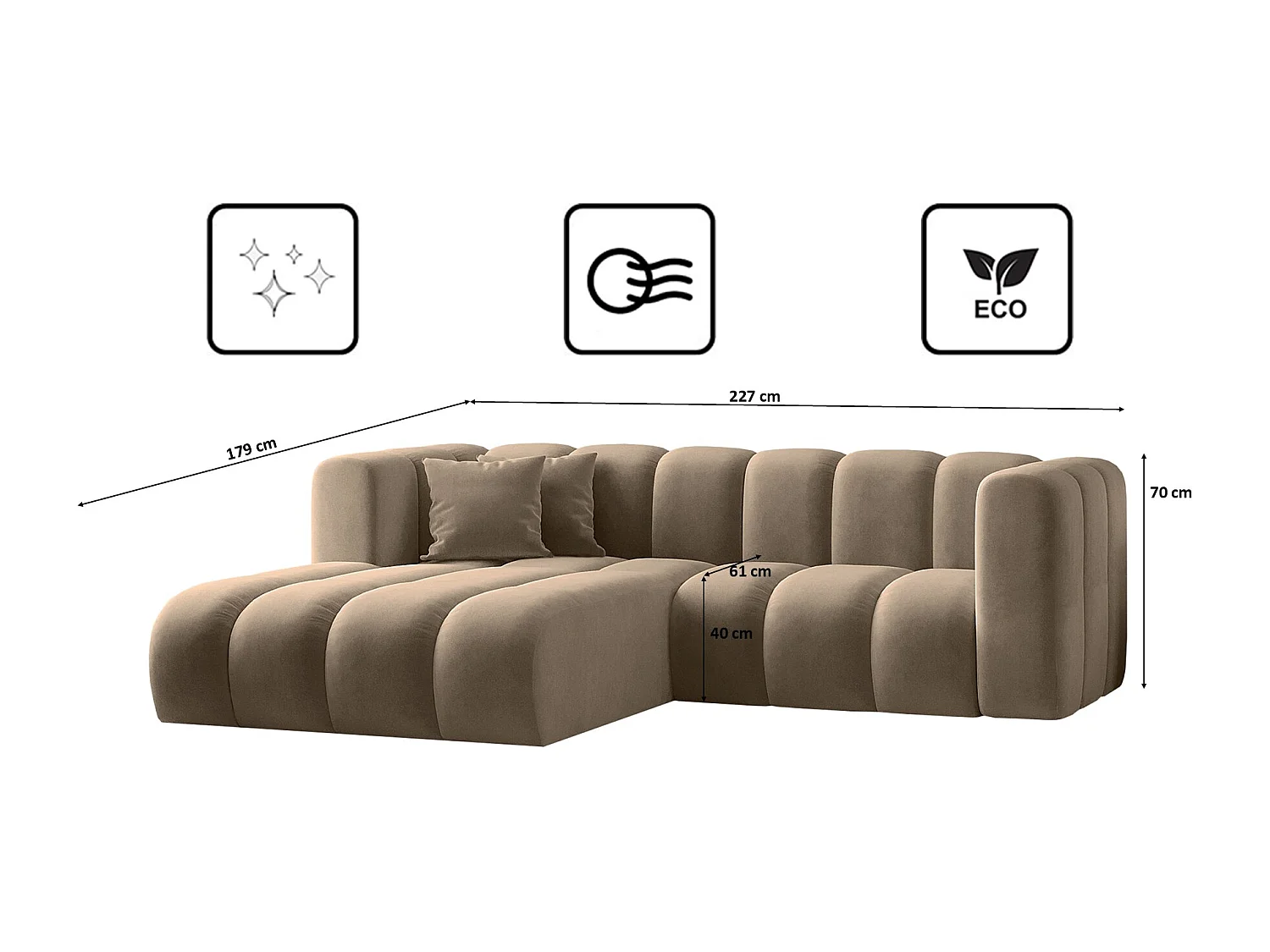 Canapé d'angle en L, Sofa Grand modulable en tissu Salvador Beige Foncé Gauche