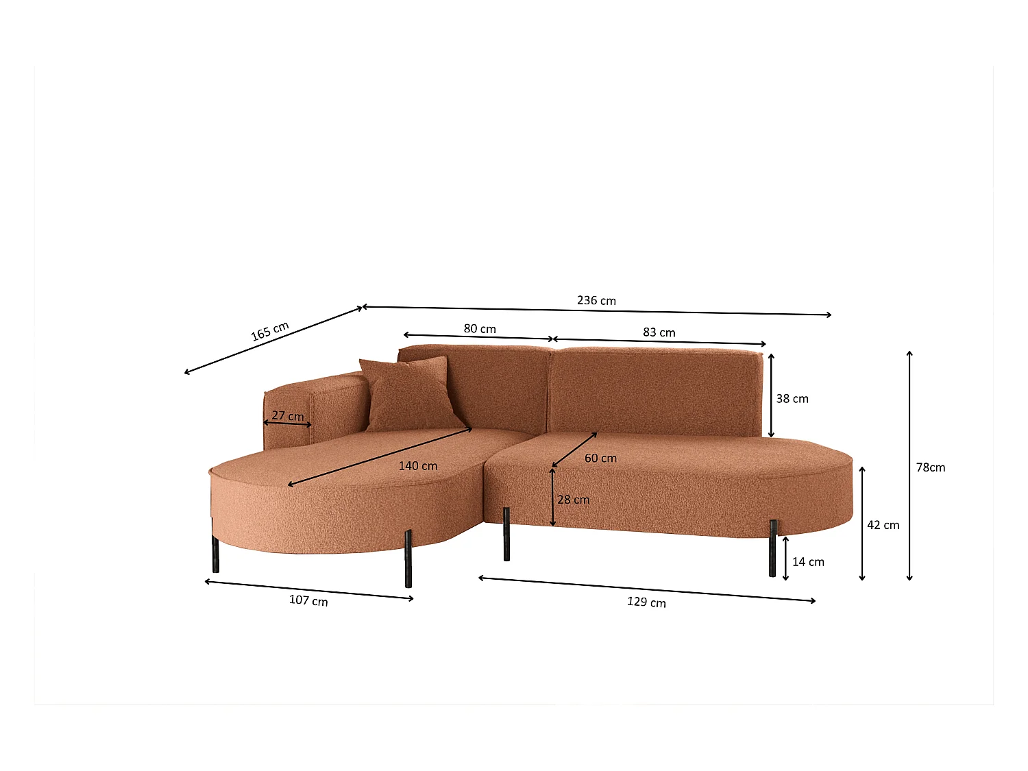 Canapé d'angle, Canapé L-Form Designer Modena Pure tissu Source Copper Links