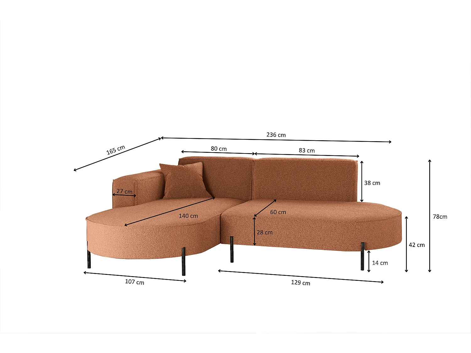 Canapé d'angle, Canapé L-Form Designer Modena Pure tissu Source Copper Links