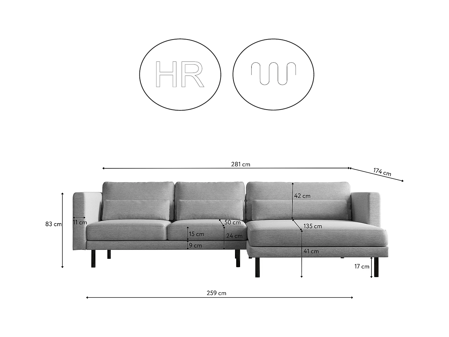 Canapé d'angle L-form Dani moderne et spacieux tissu Verita Gris Droite