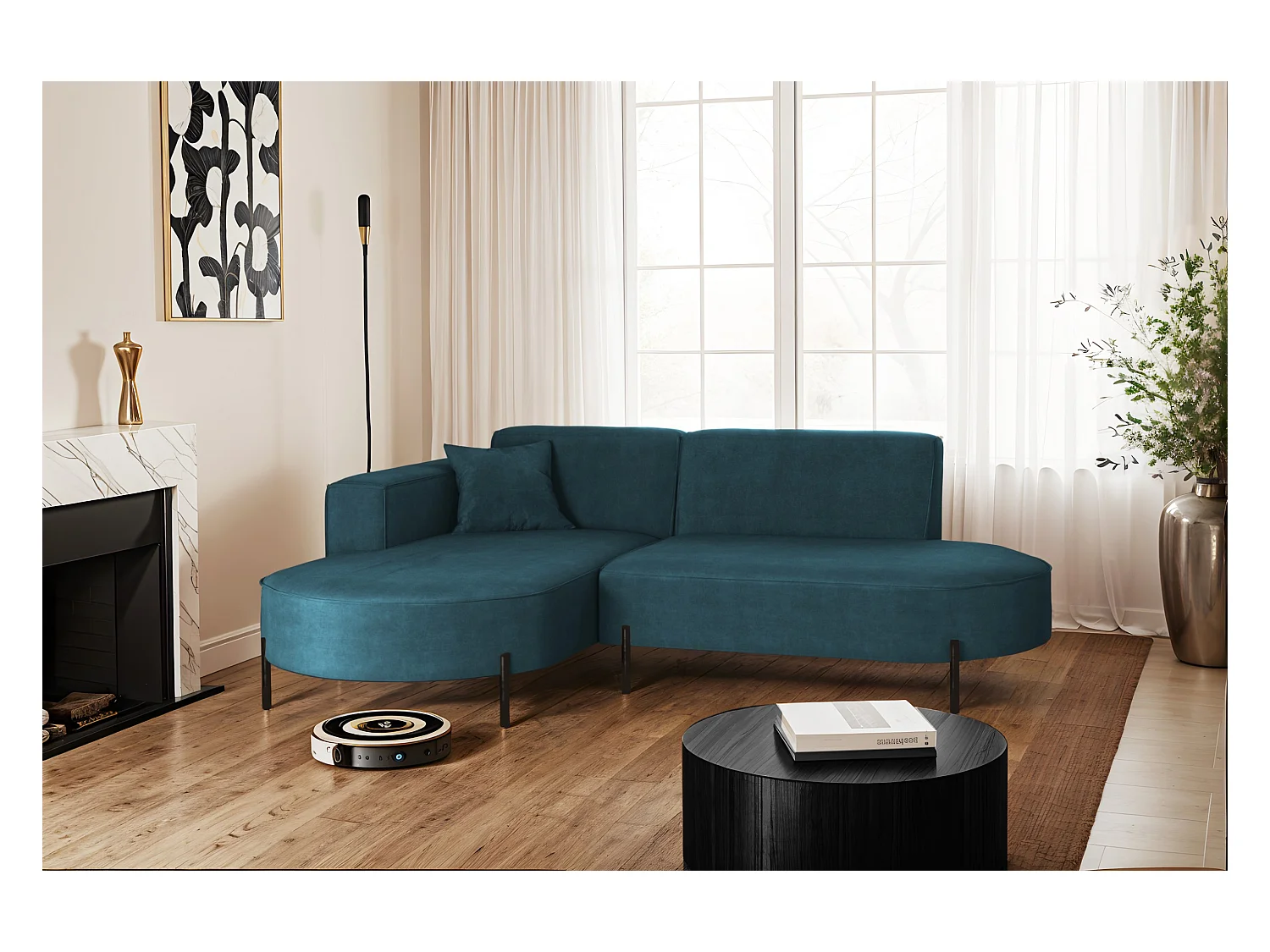 Canapé d'angle, canapé en L, designer Modena, tissu pur Noel Blue, gauche