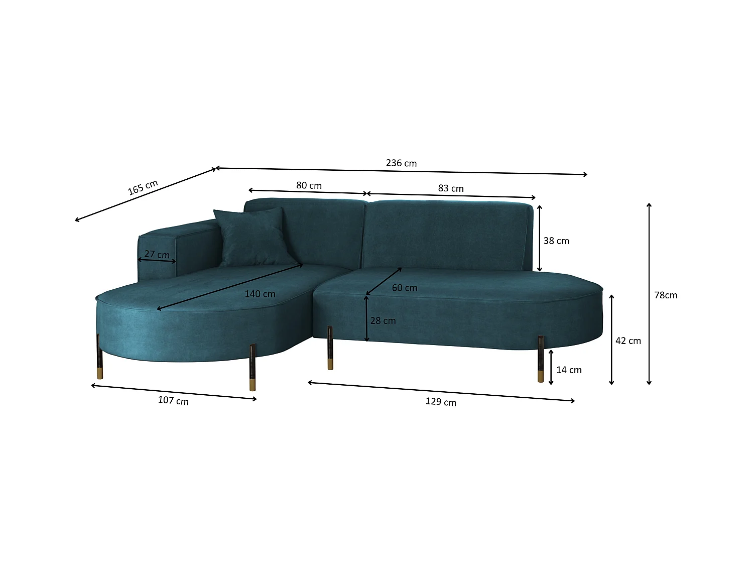 Canapé d'angle, canapé en L, designer Modena, tissu pur Noel Blue, gauche