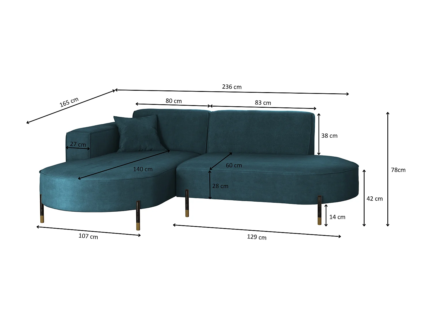 Canapé d'angle, canapé en L, designer Modena, tissu pur Noel Blue, gauche