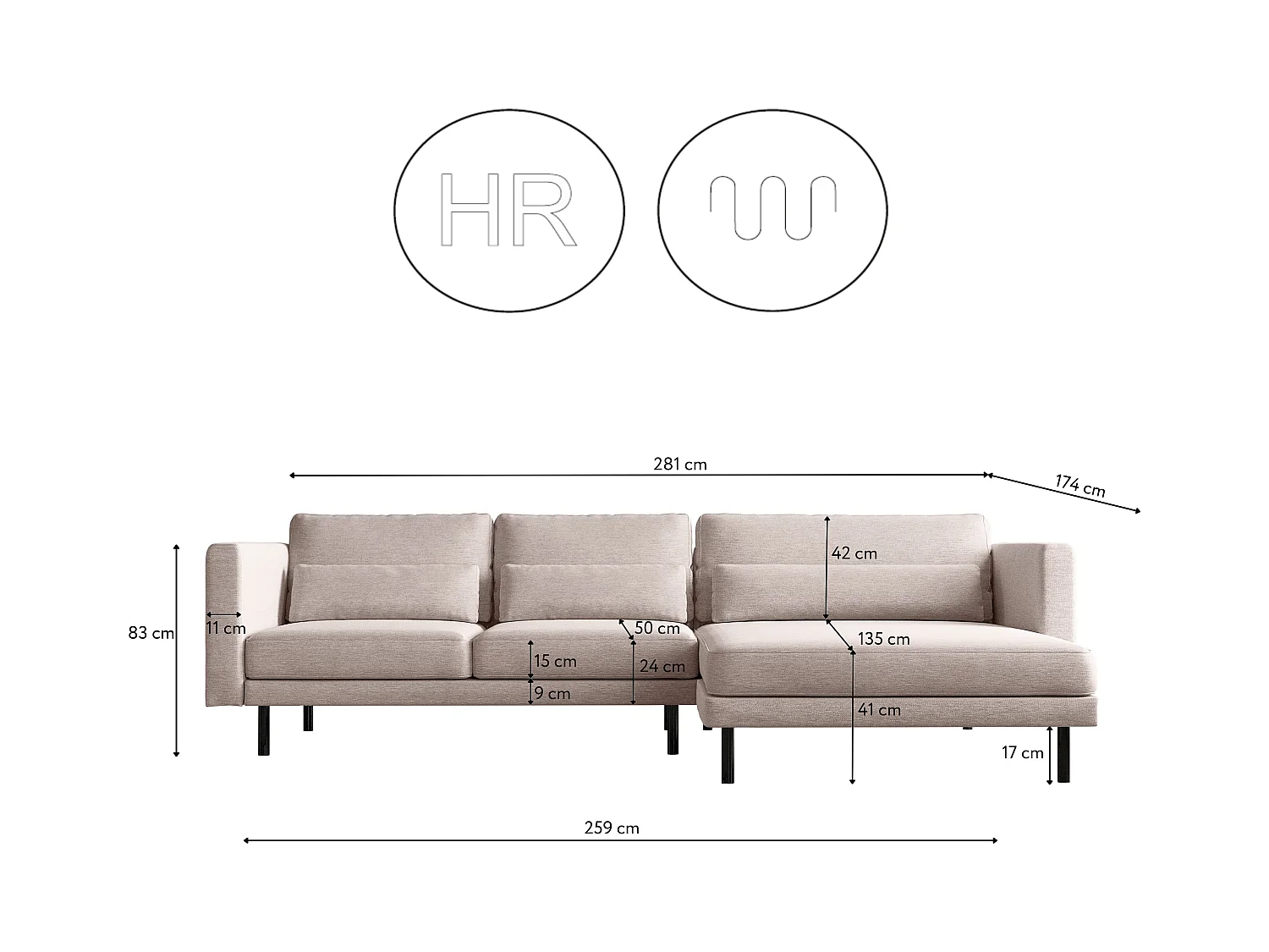 Canapé d'angle en L Dani moderne et spacieux en tissu Verita Beige Droite