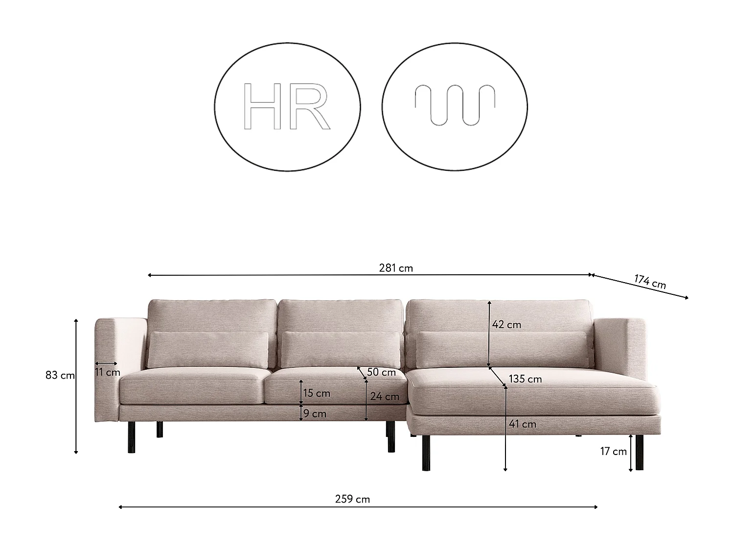 Canapé d'angle en L Dani moderne et spacieux en tissu Verita Beige Droite