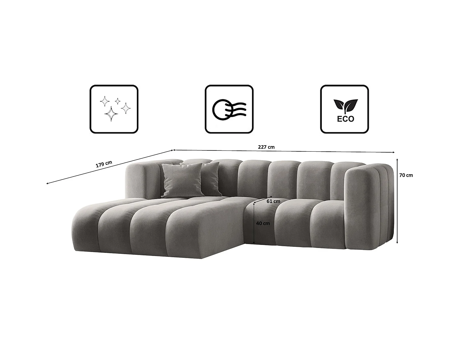Canapé d'angle en L, Sofa Grand modulable en tissu Salvador Gris Gauche