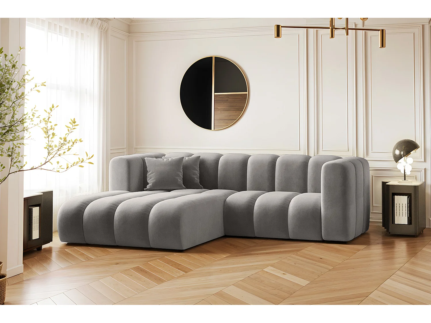 Canapé d'angle en L, Sofa Grand modulable en tissu Salvador Gris Gauche