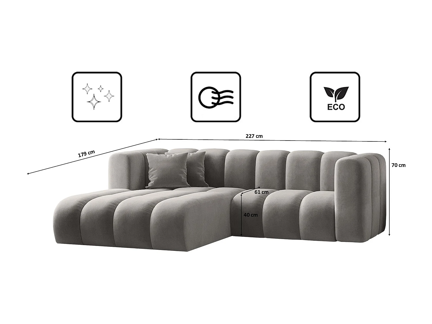 Canapé d'angle en L, Sofa Grand modulable en tissu Salvador Gris Gauche