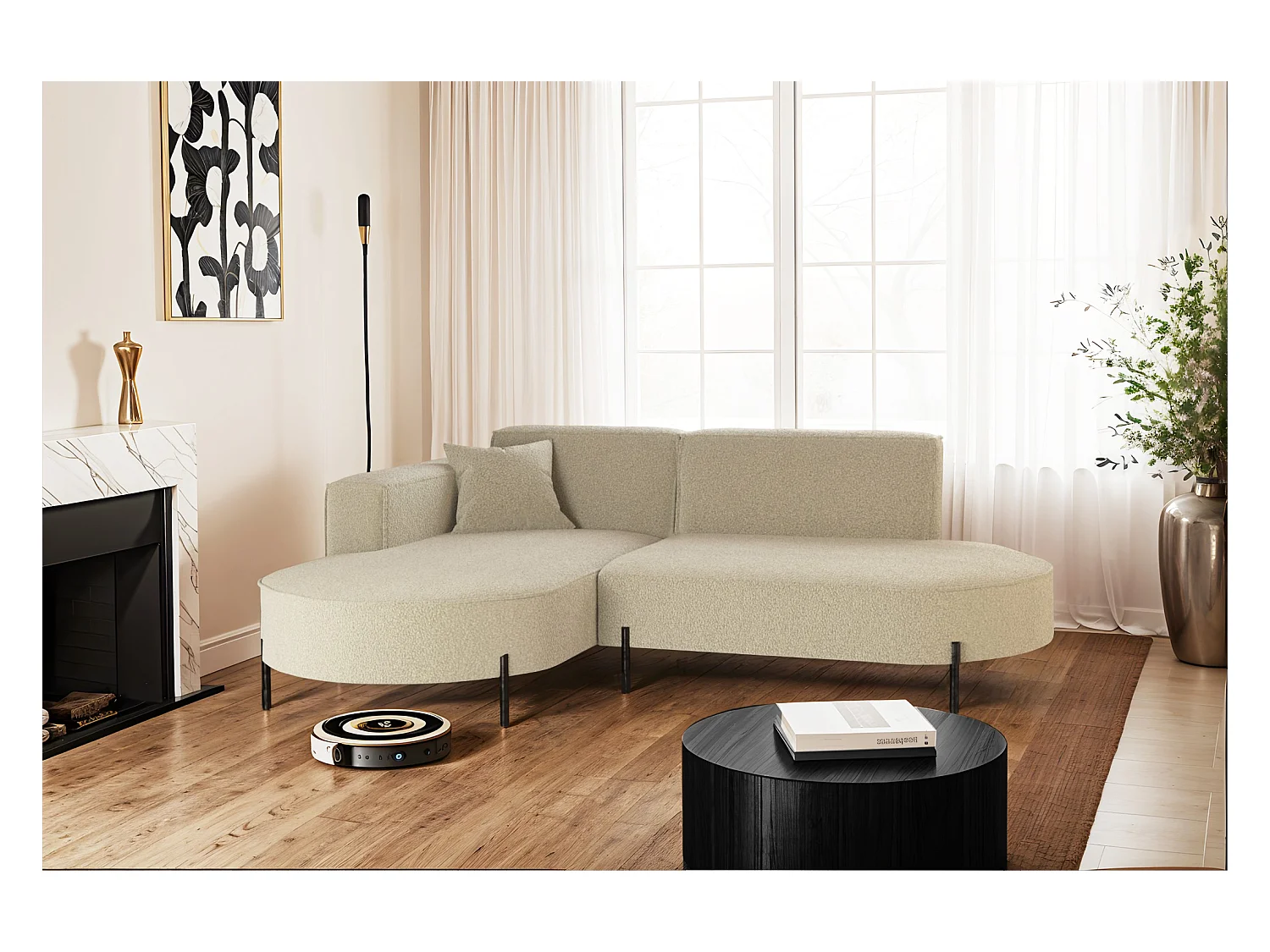Canapé d'angle, canapé en L design Modena tissu pur source beige gauche
