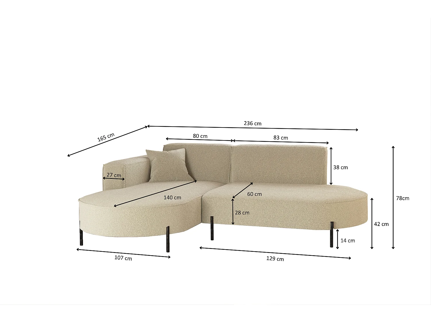 Ecksofa, Sofa L-Form Designer Modena Rein stoff Quelle Beige Links