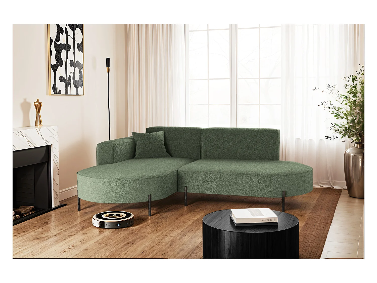 Hoekbank, L-vormige bank, design Modena, pure stof, brongroen, links