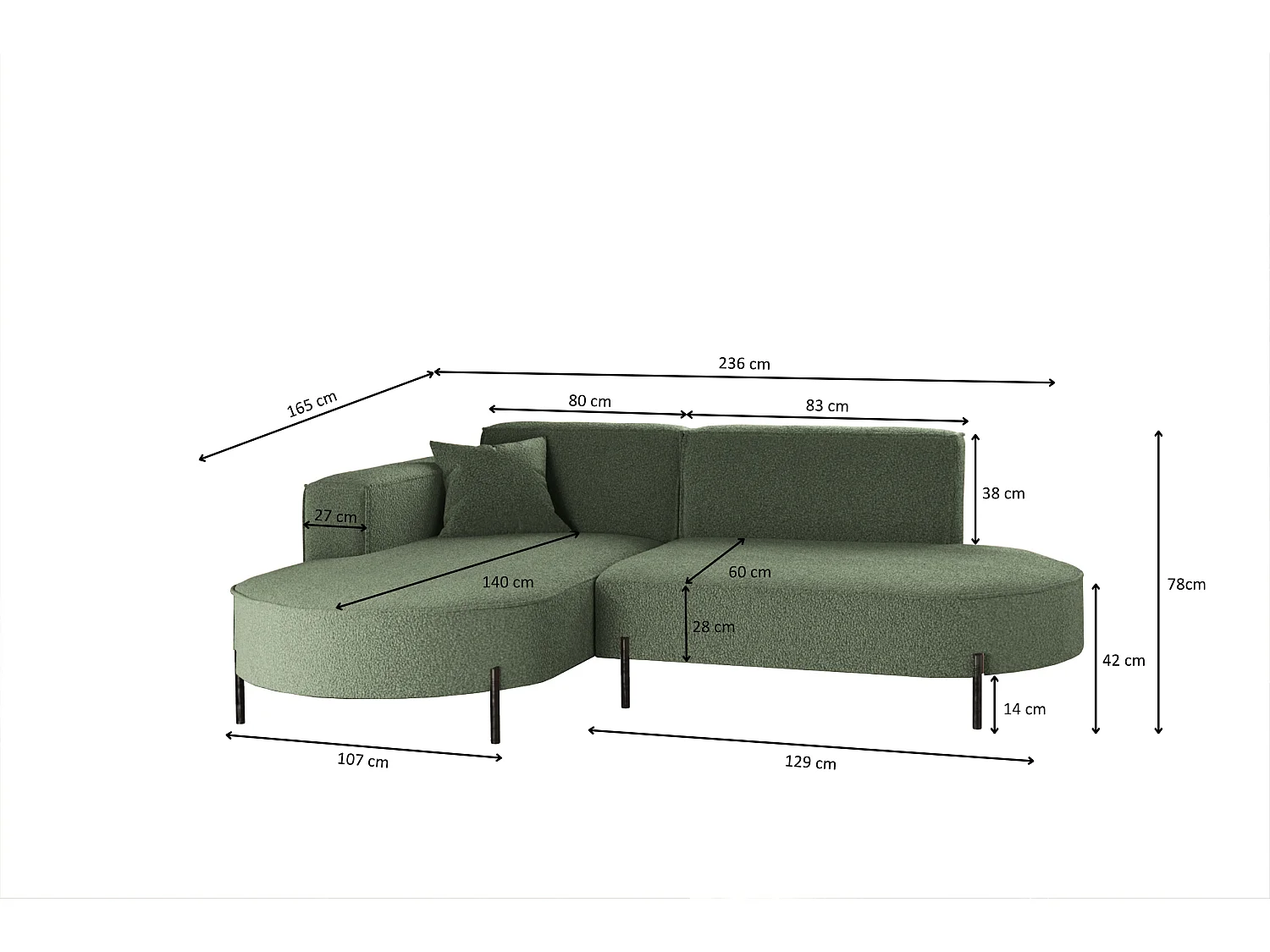 Ecksofa, Sofa L-Form Designer Modena Rein stoff Quelle Grün Links
