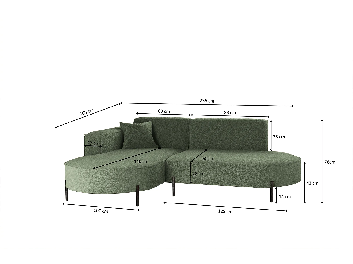 Ecksofa, Sofa L-Form Designer Modena Rein stoff Quelle Grün Links
