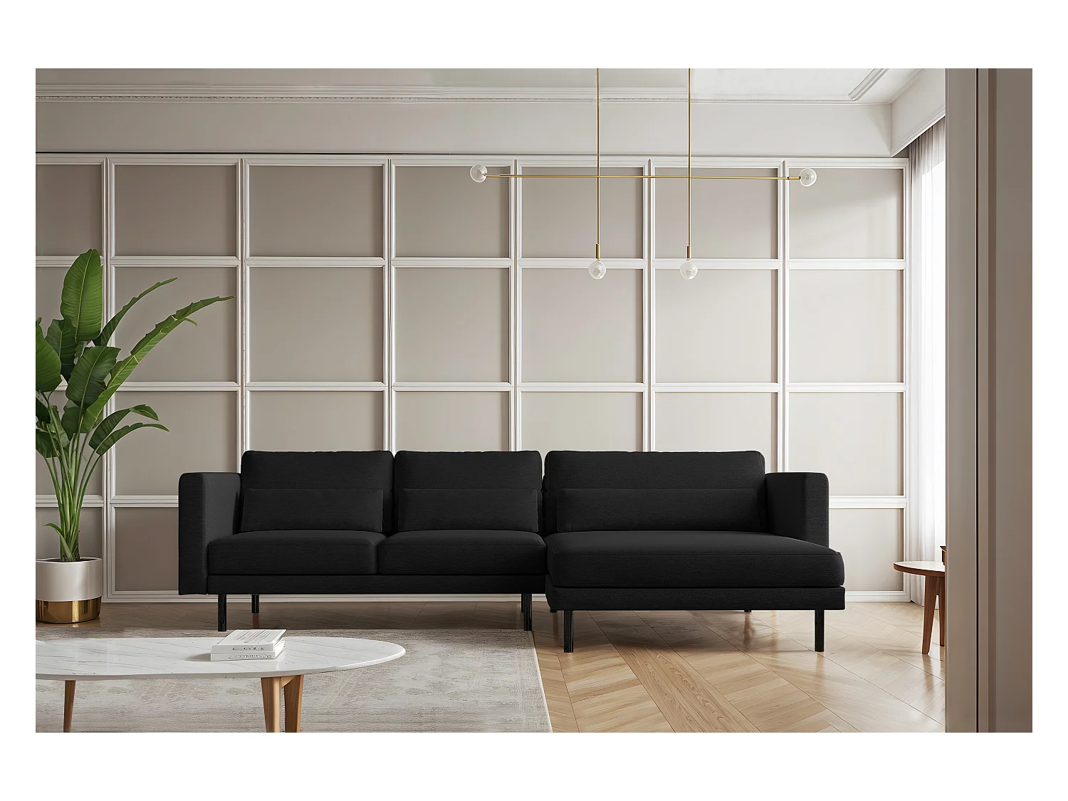 Canapé d'angle en L Dani moderne et spacieux en tissu Verita Noir Droite
