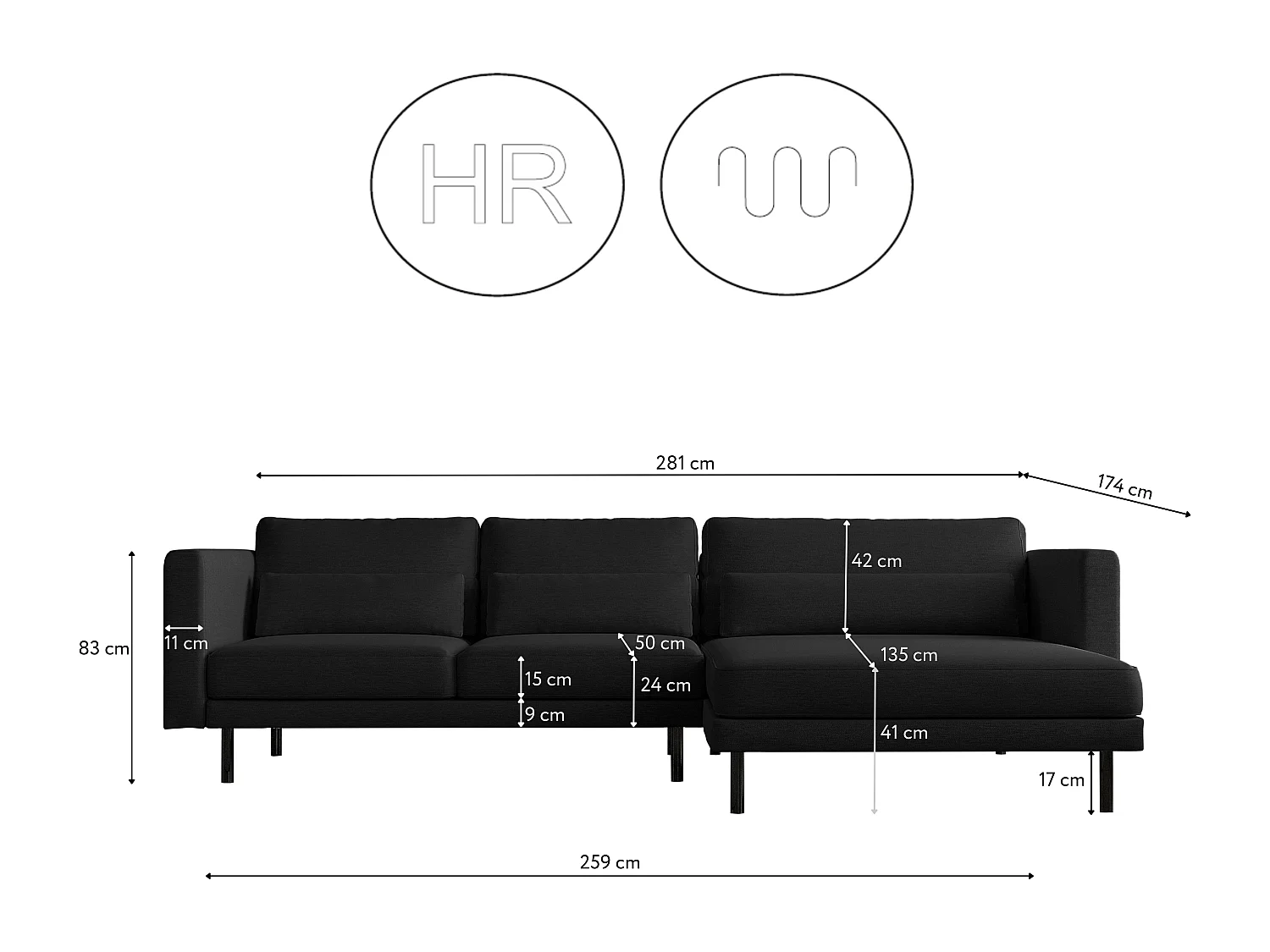 Ecksofa L-form Dani modern und geräumig Stoff Verita Schwarz Rechts
