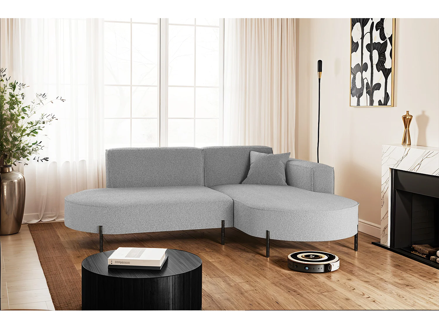 Canapé d'angle, canapé en L, designer Modena, tissu pur, gris source, droite