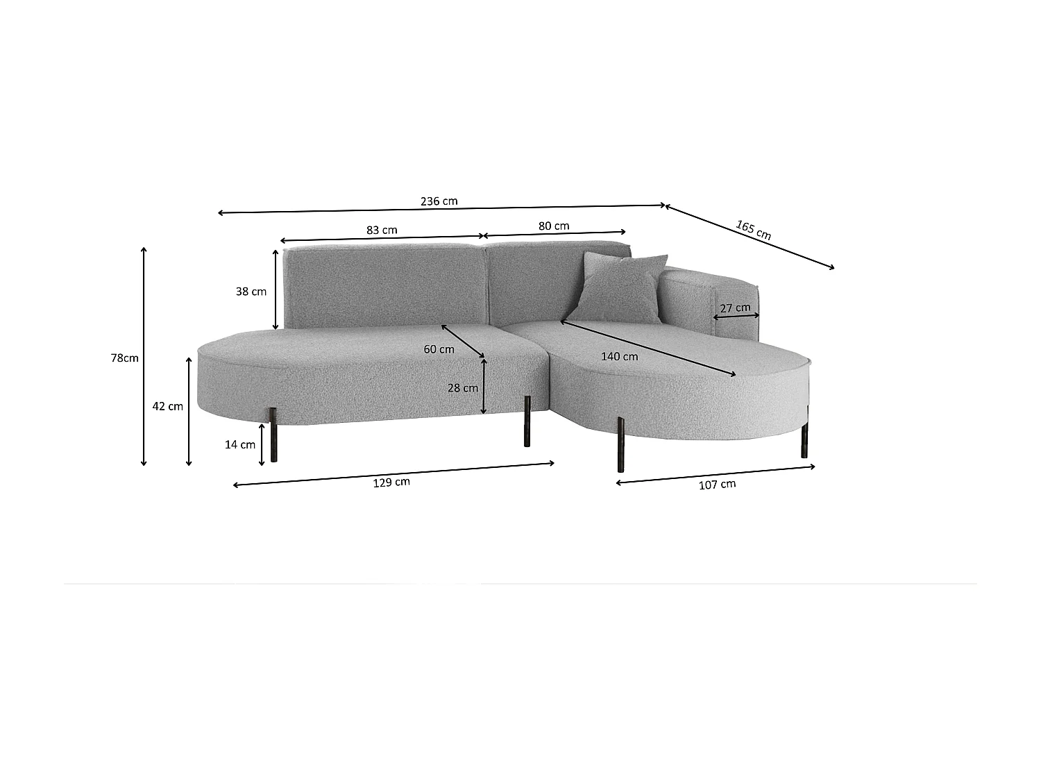 Canapé d'angle, canapé en L, designer Modena, tissu pur, gris source, droite